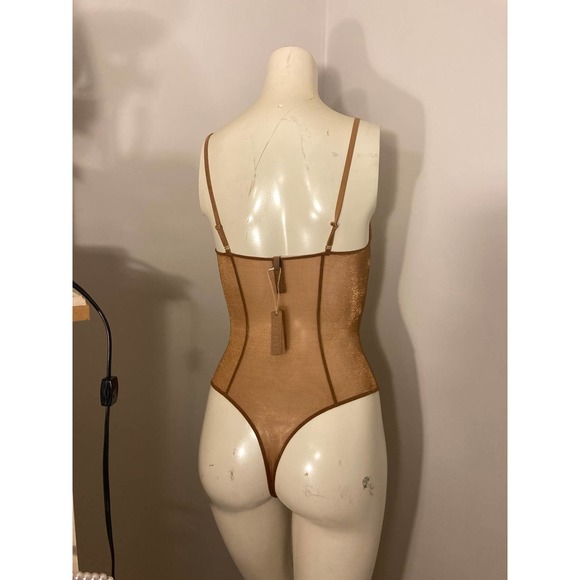 SKIMS Size XL Glissenette Chai Scoop Neck Sheer Bodysuit Shimmery Golden Gold - Picture 4 of 11